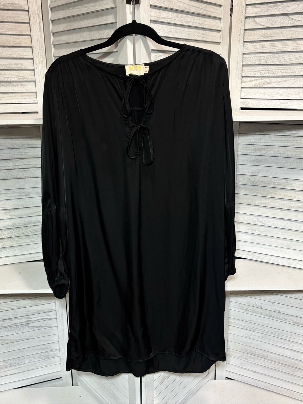 Nation LTD Black Tie Neck Tunic Dress Size L Made in USA